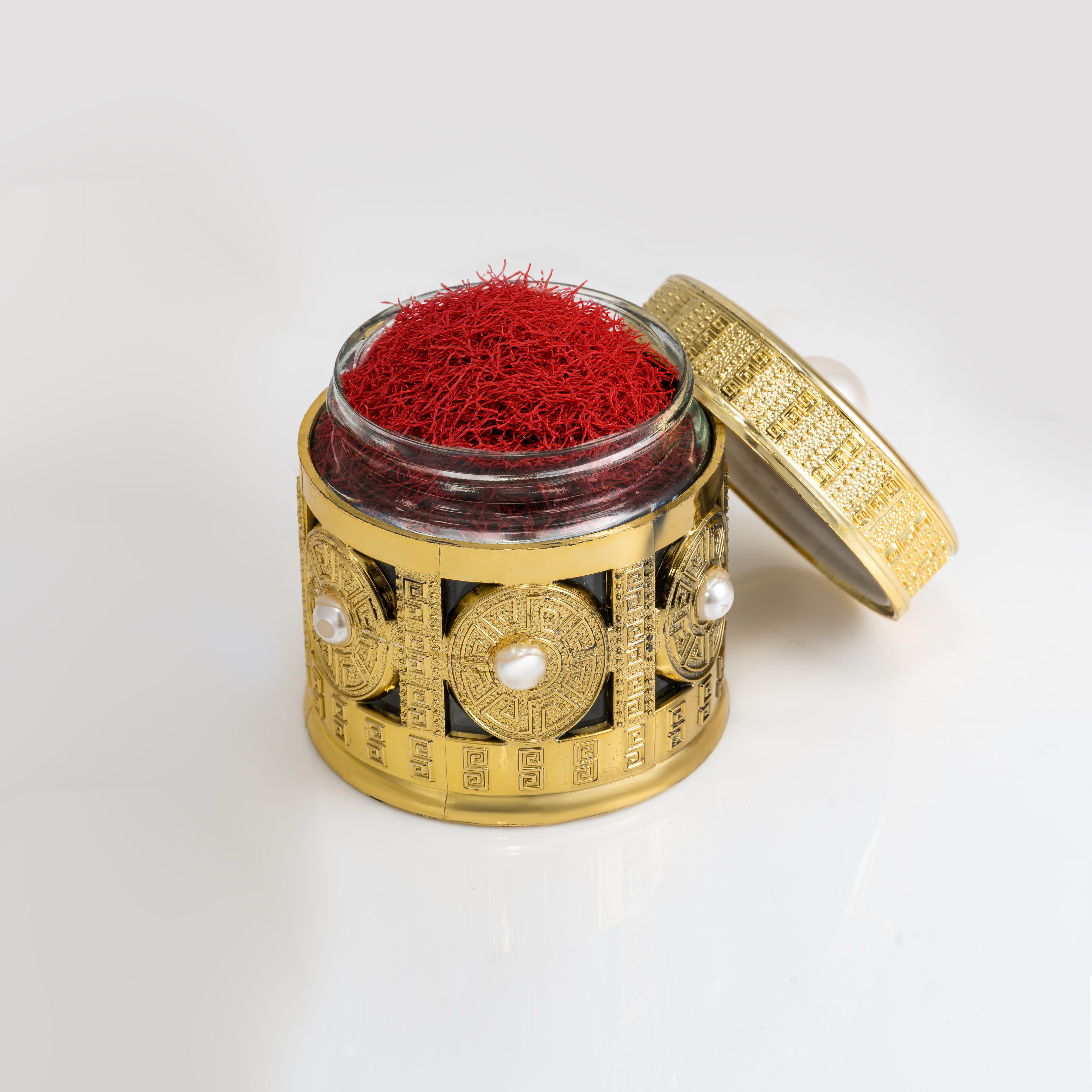 Ornate gold jar with saffron